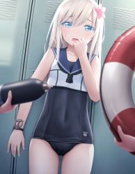 Rule 34 | black one-piece swimsuit, blue eyes, collarbone, commentary request, cosplay, covered navel, cowboy shot, crop top, eyes visible through hair, flower, goribote, hair flower, hair ornament, hand to own mouth, holding, holding swim ring, innertube, kantai collection, lifebuoy, locker, locker room, long hair, looking at viewer, one-piece swimsuit, open mouth, ro-500 (kancolle), ro-500 (kancolle) (cosplay), sailor collar, school swimsuit, solo focus, sweatdrop, swim ring, swimsuit, swimsuit under clothes, u-511 (kancolle), wavy mouth, white hair