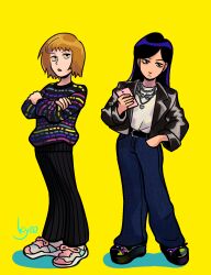 Rule 34 | 2girls, alternate costume, black hair, black jacket, black pants, brown hair, closed mouth, commentary, crossed arms, english commentary, full body, hand in pocket, highres, holding, holding phone, jacket, jewelry, kyokyeo, long hair, long sleeves, mezato ichi, mob psycho 100, multiple girls, multiple necklaces, necklace, open mouth, pants, phone, shirt, shoes, short hair, simple background, sneakers, standing, takane tsubomi, white shirt, yellow background