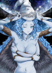 Rule 34 | 1girl, absurdres, armpits, blue eyes, blue hair, blue skin, blush, breasts, cloak, closed mouth, collarbone, colored skin, covering breasts, covering privates, cracked skin, doll joints, elden ring, extra arms, extra faces, fur cloak, hamidasu, hat, highres, joints, long hair, looking at viewer, medium breasts, navel, nude, one eye closed, ranni the witch, solo, upper body, white hat, witch hat