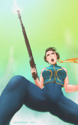 Rule 34 | 1girl, assault rifle, blue bodysuit, bodysuit, breasts, brown eyes, brown hair, capcom, chinese clothes, chun-li, commentary, double bun, english commentary, finger on trigger, firing, fortnite, from below, green sky, gun, hair bun, hair ribbon, highres, large breasts, lips, open mouth, quasimodox, ribbon, rifle, short hair, shouting, sleeveless, solo, street fighter, street fighter zero (series), studded bracelet, teeth, thick thighs, thighs, upper teeth only, vest, weapon, yellow ribbon