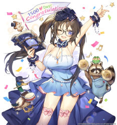 Rule 34 | 1girl, animal, arm up, bare shoulders, bird, black hair, blue dress, blue eyes, book, breasts, cleavage, contrapposto, copyright name, covered navel, cowboy shot, detached collar, dress, duck, finger gun, glasses, halter dress, halterneck, jewelry, kino books, lace, lace-trimmed dress, lace trim, large breasts, looking at viewer, mouse (animal), necklace, one eye closed, open mouth, overalls, pearl necklace, pink thighhighs, raccoon, short dress, showgirl skirt, smile, spaghetti strap, star (symbol), thighhighs, uchi no hime-sama ga ichiban kawaii, whoisshe, wrist cuffs, zettai ryouiki