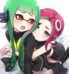 Rule 34 | 2girls, agent 3 (splatoon), agent 8 (splatoon), artist request, bed sheet, bike shorts, black cape, black legwear, black shirt, black shorts, black skirt, blue eyes, blunt bangs, blurry, blurry background, cape, depth of field, fangs, frown, green hair, headgear, holding, holding hands, hug, hug from behind, inkling, inkling girl, inkling player character, interlocked fingers, kneeling, light frown, long hair, long sleeves, looking at another, looking back, medium hair, midriff, miniskirt, multiple girls, nintendo, octoling, octoling girl, octoling player character, on bed, open mouth, parted lips, pencil skirt, pointy ears, red eyes, red hair, shirt, shorts, single vertical stripe, sitting, skirt, sleeveless, sleeveless shirt, socks, splatoon (series), splatoon 1, splatoon 2, splatoon 2: octo expansion, squidbeak splatoon, suction cups, sweatdrop, takeko spla, vest, yellow vest, yuri