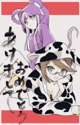 Rule 34 | 2girls, alternate costume, animal costume, animal ears, bare legs, blunt bangs, blunt ends, braid, breasts, brown hair, chinese new year, cleavage, clenched hand, collarbone, commentary request, cow costume, cow ears, cow hood, cow horns, danganronpa, danganronpa (series), danganronpa kirigiri, fake animal ears, fake horns, feet out of frame, glasses, green eyes, hand on own cheek, hand on own face, highres, horns, kirigiri kyoko, large breasts, letterboxed, long sleeves, looking at viewer, lying, mouse costume, mouse ears, mouse tail, multicolored hair, multiple girls, nervous smile, no+bi=, on stomach, open mouth, outside border, purple eyes, purple hair, red-framed eyewear, samidare yui, short hair, sidelocks, simple background, single braid, sitting, sitting on person, smile, straight hair, streaked hair, sweatdrop, tail, white background, white hair, white horns