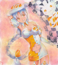 Rule 34 | 1girl, :3, adapted costume, alternate costume, arm up, bare shoulders, braid, breasts, checkered flag, cleavage, clothing cutout, elbow gloves, female focus, flag, garter straps, gloves, hat, long hair, mayo riyo, navel, navel cutout, nurse cap, rabbit, race queen, sample watermark, silver hair, single braid, smile, solo, thighhighs, touhou, very long hair, watermark, white background, white gloves, yagokoro eirin, yellow eyes
