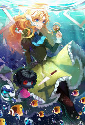 Rule 34 | 1girl, angelfish, ayan, blonde hair, blue eyes, bubble, doll, dress, fish, flower, green dress, ib (kouri), long hair, looking at viewer, mary (ib), pantyhose, picture frame, rose, solo, tropical fish, underwater, yellow flower, yellow rose