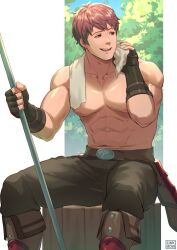 Rule 34 | 1boy, abs, artist logo, artist name, bara, commentary, english commentary, fingerless gloves, fire emblem, fire emblem echoes: shadows of valentia, gloves, highres, holding, holding polearm, holding towel, holding weapon, looking to the side, lukas (fire emblem), male focus, nintendo, pectorals, polearm, solo, sweat, sweatdrop, topless male, towel, veins, weapon, wiping sweat, zink (zink mchn)