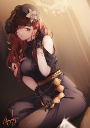 Rule 34 | 1girl, arisugawa natsuha, black dress, black gloves, black hat, breasts, dress, earrings, genyaky, gloves, grey eyes, hat, highres, idolmaster, idolmaster shiny colors, jewelry, large breasts, long hair, looking at viewer, open mouth, red hair, signature, sitting, solo, swept bangs