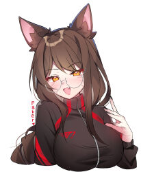 Rule 34 | 1girl, absurdres, ahri (league of legends), alternate costume, animal ear fluff, animal ears, black hair, black nails, blush, breasts, brown eyes, fang, fingernails, fox ears, fox girl, glasses, hair between eyes, highres, large breasts, league of legends, long hair, looking at viewer, nail polish, open mouth, pelicana, sidelocks, simple background, skin fang, smile, solo, t1 (esports), white background