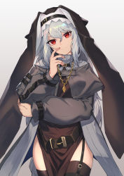 Rule 34 | 1girl, arknights, black thighhighs, brown dress, brown nails, capelet, chain, closed mouth, coif, commentary request, contrapposto, cowboy shot, dress, finger to mouth, garter straps, gold chain, gradient background, grey background, grey capelet, hair between eyes, hati105, head tilt, highres, jewelry, long hair, looking at viewer, nail polish, nun, pendant, red eyes, silver hair, simple background, smile, solo, specter (arknights), standing, thighhighs