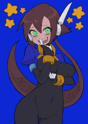 Rule 34 | 1girl, absurdres, aile (mega man zx), arm under breasts, black bodysuit, blue background, blue jacket, blush, bodysuit, bodysuit under clothes, breasts, brown hair, buzzlyears, commentary, covered collarbone, covered navel, cropped jacket, fang, faux traditional media, finger to mouth, glowing, green eyes, highres, jacket, large breasts, long hair, looking at viewer, mega man (series), mega man zx, mega man zx advent, no pants, open clothes, open jacket, ponytail, robot ears, simple background, solo, star (symbol), tears, teeth