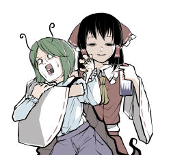Rule 34 | 2girls, antennae, ascot, black eyes, black hair, bow, cape, detached sleeves, green eyes, green hair, green nails, hair bow, hair tubes, hakurei reimu, half-closed eyes, highres, holding, holding person, insecticide, long sleeves, looking at another, looking at viewer, medium hair, multiple girls, nail polish, nontraditional miko, pants, peroponesosu., red bow, red ribbon, red shirt, red skirt, ribbon, ribbon-trimmed collar, ribbon-trimmed sleeves, ribbon trim, scared, shaded face, shirt, short hair, skirt, standing, sweat, touhou, white shirt, wide sleeves, wriggle nightbug, yellow ascot