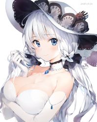 Rule 34 | 1girl, arm under breasts, armlet, azur lane, bad id, bad twitter id, bare shoulders, blue eyes, blue gemstone, blunt bangs, blush, breasts, choker, cleavage, collarbone, dress, elbow gloves, eyes visible through hair, gem, gloves, hair ornament, hair ribbon, hand in own hair, hat, highres, holding, holding own hair, illustrious (azur lane), jewelry, lace-trim, lace-trimmed choker, lace trim, large breasts, long hair, looking at viewer, low twintails, mole, mole under eye, pendant, ribbon, simple background, smile, solo, sun hat, tress ribbon, twintails, umibouzu (niito), upper body, white background, white dress, white gloves, white hair, white hat