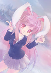 Rule 34 | 1girl, animal ears, blurry, bokeh, closed mouth, cloud, collared shirt, cowboy shot, depth of field, dutch angle, eyebrows, female focus, jacket, long hair, long sleeves, looking at viewer, miniskirt, necktie, outdoors, pleated skirt, purple hair, rabbit ears, red eyes, reisen udongein inaba, shirt, skirt, sky, solo, touhou, tree, very long hair, white shirt