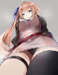 Rule 34 | 1girl, :o, ahoge, asymmetrical legwear, bad id, bad twitter id, black panties, black thighhighs, blonde hair, blue bow, blue eyes, blush, bow, breasts, brown hair, commentary, commentary request, cross, dress, fal (girls&#039; frontline), from below, girls&#039; frontline, grey background, hair between eyes, jacket, lace, large breasts, long hair, looking at viewer, open clothes, open jacket, open mouth, panties, pantyshot, ribbon, side ponytail, sidelocks, simple background, single thighhigh, solo, thighhighs, underwear, uneven legwear, unimon e, upskirt, very long hair