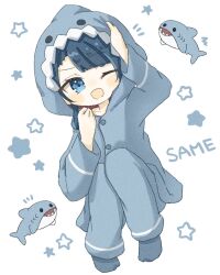 Rule 34 | 1girl, ;d, aizawa kazuha, animal hood, arm up, assault lily, blue eyes, blue hair, blue pajamas, blue pants, blue socks, blunt bangs, blush, buttons, commentary, full body, hand on own head, hand up, highres, hood, hood up, hooded pajamas, knees together feet apart, knees up, long sleeves, looking at viewer, medium hair, no shoes, notice lines, one eye closed, open mouth, pajamas, pants, shark, shark hood, sitting, smile, socks, solo, star (symbol), starry background, v-shaped eyebrows, white background, yubari lemon (lemonlilie)