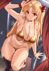 Rule 34 | 1girl, arm up, bikini, blonde hair, blush, breasts, changing room, closed mouth, collarbone, curtains, curvy, earrings, ereshkigal (fate), fate/grand order, fate (series), gold bikini, gold bracelet, gold choker, gold trim, highres, jewelry, kisaragi tsurugi, large breasts, long hair, looking at viewer, navel, red eyes, scrunchie, single thighhigh, smile, solo, stomach, swimsuit, thighhighs, thighs, two side up, v, wrist scrunchie