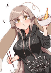 Rule 34 | +++, 1girl, :t, ahoge, black hoodie, blush, bowl, breasts, brown eyes, brown hair, chopsticks, closed mouth, clothes writing, commentary request, eating, food, hand up, highres, holding, holding bowl, holding chopsticks, hood, hood down, hoodie, large breasts, long hair, looking at viewer, makano mucchi, original, short eyebrows, shrimp, shrimp tempura, simple background, solo, swept bangs, tempura, thick eyebrows, translation request, v-shaped eyebrows, very long hair, wavy mouth, white background