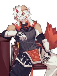 Rule 34 | 1boy, arknights, axianorange, black shirt, chinese commentary, colored tips, commentary, furry, furry male, gloves, highres, horns, hung (arknights), komainu boy, komainu ears, komainu tail, male focus, multicolored hair, orange eyes, pants, shirt, single horn, sitting, sleeveless, sleeveless shirt, smile, white background, white pants