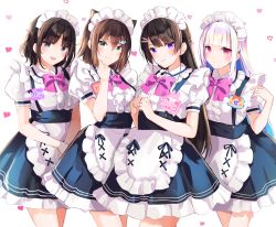 Rule 34 | 4girls, :d, absurdres, alternate costume, animal ear fluff, animal ears, apron, bad id, bad pixiv id, black hair, black skirt, blue eyes, blue hair, blush, bow, breasts, brown hair, cat ears, center frills, closed mouth, collared shirt, commentary request, enmaided, fish hair ornament, frilled apron, frilled shirt collar, frilled skirt, frills, fumino tamaki, goroo (eneosu), green eyes, hair between eyes, hair ornament, hairclip, heart, heart background, highres, lize helesta, long hair, looking at viewer, maid, maid headdress, multicolored hair, multiple girls, nijisanji, open mouth, pink bow, puffy short sleeves, puffy sleeves, purple eyes, shirt, short sleeves, simple background, skirt, small breasts, smile, standing, suspender skirt, suspenders, suzuka utako, tsukino mito, two-tone hair, very long hair, virtual youtuber, white apron, white background, white hair, white shirt