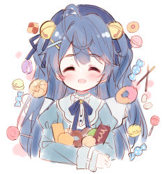 Rule 34 | 1girl, :d, ^ ^, ahoge, amamiya kokoro, bell, beret, blue hair, blue hat, blue ribbon, blue shirt, blush, candy, candy wrapper, checkerboard cookie, closed eyes, cookie, cropped torso, doughnut, facing viewer, fang, food, hair bell, hair ornament, hair ribbon, hairclip, hat, hugging object, jingle bell, juliet sleeves, lollipop, long hair, long sleeves, macaron, meito (maze), mini wings, nijisanji, open mouth, pocky, puffy sleeves, ribbon, shirt, smile, solo, two side up, upper body, very long hair, virtual youtuber, white background, white wings, wings, x hair ornament
