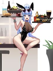 Rule 34 | animal ears, bar (place), bar stool, bare legs, bare shoulders, black bodysuit, blue bow, blue bowtie, bodysuit, bow, bowtie, character request, copyright request, eyewear on head, feet out of frame, heart, heart-shaped eyewear, high heels, highres, holding, holding tray, josal, legs, leotard, long hair, long legs, playboy bunny, ponytail, rabbit ears, sitting, sitting on table, stool, sunglasses, thighs, tray, unfinished, sketch background, very long hair, white hair