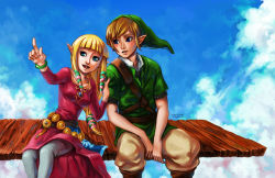 Rule 34 | 1boy, 1girl, aqua eyes, artist name, blonde hair, blue eyes, blue sky, christina gardner, cloud, day, dress, hair tie, hat, link, multiple tails, nintendo, open mouth, pink dress, pointing, pointy ears, princess zelda, signature, sitting, sky, smile, tail, the legend of zelda, the legend of zelda: skyward sword, wrist cuffs
