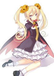 Rule 34 | 1girl, blonde hair, borrowed character, cape, frilled skirt, frills, grey hair, hair ornament, halloween, highres, kneeling, long hair, looking at viewer, mary janes, miyoshino, original, pointy ears, shoes, simple background, skirt, smile, solo, twintails, vampire, white background
