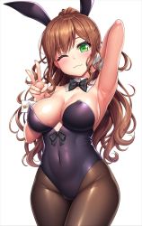 Rule 34 | 1girl, ;3, animal ears, arm behind head, arm up, armpits, bang dream!, bare shoulders, black bow, black bowtie, blush, bow, bowtie, breasts, brown hair, brown pantyhose, cleavage, closed mouth, commentary, covered navel, cowboy shot, detached collar, fake animal ears, green eyes, groin, hand up, imai lisa, lambda (kusowarota), large breasts, leotard, long hair, looking at viewer, one eye closed, pantyhose, playboy bunny, ponytail, purple leotard, rabbit ears, sidelocks, simple background, smile, solo, standing, strapless, strapless leotard, v, wavy mouth, white background, wrist cuffs