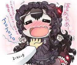 Rule 34 | 10s, 1boy, 1girl, = =, abyssal ship, black dress, black hair, blush, dress, drooling, fang, floating fortress (kancolle), frills, glowing, glowing eye, hand on another&#039;s chin, hase yu, isolated island oni, kantai collection, long hair, open mouth, pale skin, smile, solo focus, stroking another&#039;s chin, teeth, translation request