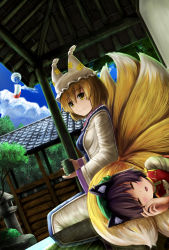 Rule 34 | 2girls, animal ears, blonde hair, blue sky, branch, brown hair, cat ears, chen, cloud, day, dress, dutch angle, closed eyes, facing viewer, fang, fox tail, hat, hat with ears, looking at viewer, luke (kyeftss), lying on person, mob cap, multiple girls, multiple tails, ofuda, outdoors, overhang, own hands together, parted lips, person on tail, reflection, rock, short hair, sitting, sky, sleeping, smile, stone lantern, tabard, tail, tassel, touhou, veranda, white dress, wind chime, yakumo ran, yellow eyes