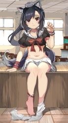 Rule 34 | 1girl, animal ear fluff, animal ears, anklet, asymmetrical bangs, azur lane, bare legs, barefoot, black hair, black shirt, blush, bow, bowtie, breasts, chair, classroom, cleavage, crop top, cuffs, desk, fang, headgear, highres, indoors, jewelry, leg warmers, legs, unworn legwear, long hair, looking at viewer, medium breasts, midriff, miniskirt, nail polish, navel, on desk, paw pose, pleated skirt, ponytail, puffy short sleeves, puffy sleeves, red bow, red eyes, red nails, red ribbon, ribbon, sailor collar, sakurami sumi, school chair, school desk, school uniform, serafuku, shigure (azur lane), shirt, short sleeves, single sock, sitting, on desk, skin fang, skirt, smile, socks, solo, stomach, tail, tied shirt, toenail polish, toenails, white sailor collar, white skirt, white socks, wolf ears, wolf girl, wolf tail, wooden floor