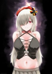 Rule 34 | 1girl, absurdres, arms behind back, bare shoulders, beret, black shirt, breasts, closed mouth, collarbone, crop top, cross, g36c (girls&#039; frontline), g36c (mod3) (girls&#039; frontline), german flag, girls&#039; frontline, grey hair, grey skirt, hair between eyes, hair over one eye, hair ribbon, hat, highres, iron cross, long hair, looking at viewer, medium breasts, mod3 (girls&#039; frontline), navel, out of frame, red eyes, red hat, ribbon, shading eyes, shirt, simple background, skirt, solo, standing, sugac, twitter username, upper body
