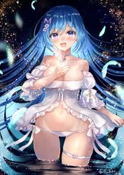 Rule 34 | 1girl, :d, babydoll, bare shoulders, blue hair, breasts, choker, cleavage, colored eyelashes, detached sleeves, emori miku, feathers, frills, fujimori shiki, groin, hair ornament, hand on own chest, highres, holding, large breasts, liver city, long hair, looking at viewer, navel, open mouth, panties, purple eyes, side-tie panties, skindentation, smile, solo, standing, stomach, string panties, thigh strap, thighs, underwear, underwear only, very long hair, wading, water, white choker, white panties