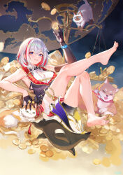 Rule 34 | 1girl, absurdres, animal, armpits, atdan, balance scale, blue eyes, blue sky, breasts, cat, closed eyes, cloud, cloudy sky, coin, creature, detached sleeves, feet, gloves, gold, highres, honkai (series), large breasts, looking at viewer, shiba inu, sky, smile, sunset, toes, tongue, tongue out, topaz (honkai: star rail), weighing scale, white hair