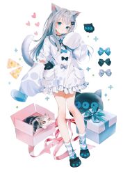 Rule 34 | 1girl, animal, animal ears, blue eyes, bow, box, cat, cat ears, cat girl, cat tail, creature, dress, dress bow, food, full body, gift, gift box, grey hair, highres, indie virtual youtuber, long hair, long sleeves, looking at viewer, nabi (uz02), nachoneko, pizza, pizza slice, ribbon, short dress, simple background, sleeves past fingers, sleeves past wrists, slippers, tail, virtual youtuber, white background, white dress