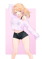 Rule 34 | 1girl, :p, arm behind head, black bra, black shorts, blonde hair, bra, bra strap, breasts, collarbone, crop top, earrings, gyaru, highres, jewelry, looking at viewer, medium breasts, original, osyake illust, parted bangs, ponytail, red eyes, see-through, short shorts, shorts, single bare shoulder, sleeves past fingers, sleeves past wrists, solo, sweater, thighs, tongue, tongue out, underwear, white sweater