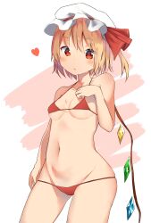 Rule 34 | 1girl, absurdres, alternate breast size, bikini, blonde hair, breasts, chestnut mouth, collarbone, cowboy shot, crystal wings, dot nose, eyebrows hidden by hair, female focus, flandre scarlet, hair between eyes, hand on own chest, hat, heart, highres, looking at viewer, lowleg, lowleg bikini, mamemochi, medium breasts, micro bikini, mob cap, navel, red bikini, red eyes, shadow, short hair, simple background, skindentation, solo, standing, stomach, string bikini, swimsuit, thighs, touhou, white background, white hat