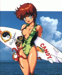 Rule 34 | 1980s (style), 1girl, :d, animal, arms behind back, bare arms, bare shoulders, blue eyes, blue sky, blush, breasts, breasts apart, brown hair, casual one-piece swimsuit, cloud, collarbone, cowboy shot, day, green one-piece swimsuit, highres, holding, holding behind back, holding surfboard, looking at viewer, mon-mon (miyazaki kenjin), ocean, octopus, oldschool, one-piece swimsuit, open mouth, outdoors, photo background, red hair, retro artstyle, short hair, sky, small breasts, smile, solo, surfboard, swimsuit, tentacles, thigh gap, unzipped, water, wet