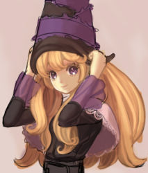 Rule 34 | 1girl, blonde hair, dress, grimgrimoire, hat, lillet blan, long hair, lowres, nippon ichi, poncho, purple eyes, smile, solo, witch, witch hat, wizard hat