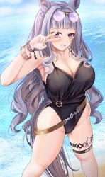 Rule 34 | :d, animal ears, arm up, armpits, belt, black one-piece swimsuit, blunt bangs, blush, bracelet, breasts, brown-framed eyewear, casual one-piece swimsuit, cleavage, day, eyewear on head, feet out of frame, fingernails, fukuda shuushi, gold ship (run revolt launcher) (umamusume), gold ship (umamusume), grey hair, highres, horse ears, horse girl, horse tail, jewelry, large breasts, long fingernails, long hair, looking at viewer, nail polish, ocean, one-piece swimsuit, open mouth, outdoors, parted lips, pink nails, purple eyes, smile, standing, sunglasses, swimsuit, tail, thigh strap, umamusume, v over mouth, very long hair, water