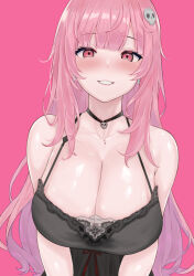 Rule 34 | 1girl, black nightgown, blunt bangs, breasts, cleavage, hair ornament, highres, hololive, hololive english, large breasts, long hair, looking at viewer, messy hair, mori calliope, mori calliope (sleepwear), nightgown, official alternate costume, parted lips, pink background, pink hair, red eyes, shiny skin, skull choker, skull hair ornament, smile, solo, virtual youtuber, wennananyan