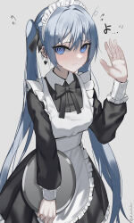 Rule 34 | 1girl, @ @, alternate costume, apron, black bow, black bowtie, black dress, black ribbon, blue eyes, blue hair, blush, bow, bowtie, breasts, closed mouth, commentary, cowboy shot, dress, ear piercing, earrings, embarrassed, enmaided, flying sweatdrops, frilled apron, frilled dress, frills, hair between eyes, hair ribbon, hand up, hatsune miku, heart, heart earrings, highres, holding, holding tray, jewelry, long hair, long sleeves, looking at viewer, maid, maid apron, maid headdress, medium breasts, osanzi, piercing, puffy long sleeves, puffy sleeves, ribbon, ringed eyes, simple background, smile, solo, standing, sweat, sweatdrop, symbol-only commentary, translated, tray, twintails, twitter username, very long hair, vocaloid, waving, white apron, white background
