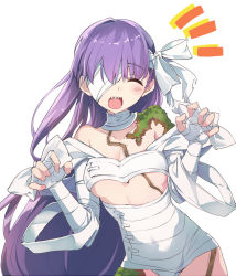 Rule 34 | 1girl, bandages, bandage over one eye, bow, cowboy shot, closed eyes, facing viewer, fate/grand order, fate (series), hair bow, happy, kingprotea (fate), long hair, moss, purple hair, sharp teeth, simple background, solo, teeth, tsuezu, white background, white bow