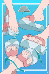 Rule 34 | 1girl, absurdres, artist logo, barefoot, blue background, commentary, crossed legs, english commentary, feet, feet on chair, flip-flops, foot focus, gradient background, highres, mohoshadream, multiple views, original, out of frame, sandals, spread toes, toenails, toes, water