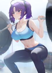 Rule 34 | 1girl, absurdres, barbell, black pants, blue archive, blue sports bra, blush, breasts, cleavage, closed mouth, collarbone, commentary, english commentary, fingernails, halo, highres, holding, large breasts, lumen re, mechanical halo, medium hair, navel, pants, purple eyes, purple hair, solo, sports bra, sweat, two side up, yuuka (blue archive)