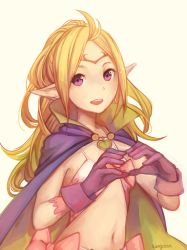 Rule 34 | 1girl, blonde hair, fire emblem, fire emblem awakening, flat chest, gloves, highres, long hair, looking at viewer, navel, nintendo, nowi (fire emblem), pointy ears, purple eyes, purple gloves, sang (bloodredbites), signature, simple background, solo, white background