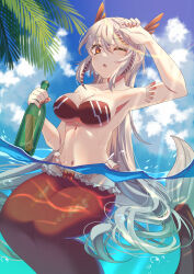 Rule 34 | 1girl, ;o, air bubble, bikini, blue sky, bottle, breasts, bubble, cleavage, cloud, collarbone, commentary request, day, grey hair, highres, holding, holding bottle, large breasts, long hair, mermaid, monster girl, navel, one eye closed, orange eyes, original, parted lips, partially submerged, red bikini, ryofuhiko, sky, solo, swimsuit, water