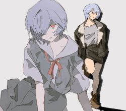Rule 34 | 1girl, ayanami rei, black jacket, black skirt, blue hair, blue skirt, breasts, brown footwear, closed mouth, commentary, english commentary, expressionless, grey background, grey shirt, highres, jacket, kgeroua, multiple views, neck ribbon, neon genesis evangelion, open clothes, open jacket, parted lips, pencil skirt, red eyes, red ribbon, ribbon, school uniform, serafuku, shadow, shirt, short hair, short sleeves, simple background, skirt, small breasts, suspender skirt, suspenders, tokyo-3 middle school uniform, white shirt