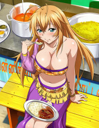 Rule 34 | 1girl, alternate costume, antenna hair, arm support, asymmetrical sleeves, bandeau, blonde hair, blue eyes, blush, bracelet, breasts, chili pepper, cleavage, closed mouth, collarbone, eating, floral print, food, food on face, front slit, hair between eyes, ikkitousen, jewelry, large breasts, long hair, messy hair, midriff, navel, print bandeau, purple skirt, purple sleeves, see-through, see-through sleeves, sitting, skirt, solo, sonsaku hakufu, stomach, straight hair, very long hair, yellow bandeau