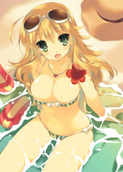 Rule 34 | 1girl, arm support, bad id, bad pixiv id, bare shoulders, beach, bikini, blonde hair, blush, breasts, cleavage, enomoto hina, eyewear on head, flip-flops, flower, from above, green bikini, green eyes, hat, heart, hibiscus, hoshii miki, idolmaster, idolmaster (classic), jewelry, large breasts, long hair, navel, necklace, open mouth, partially submerged, sandals, shiny skin, sitting, smile, solo, straw hat, striped bikini, striped clothes, sunglasses, swimsuit, vertical-striped bikini, vertical-striped clothes, water, wet